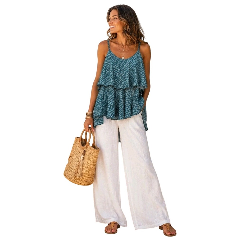 Anthropologie Raga Ruffle Perfection Boho Double Tier Top Teal Blue Large